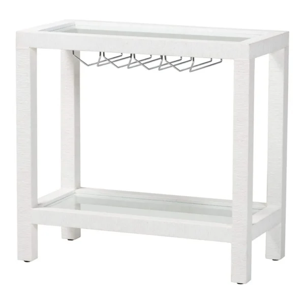 f9c2b40e-96f9-41f6-b6e8-fa08f242f261.jpg bali & pari - Oaklynn Natural Grasscloth Wine Rack - Two-Tier Bar Table with Glass Shelves and Stemware Rack, Modern Coastal Console - White