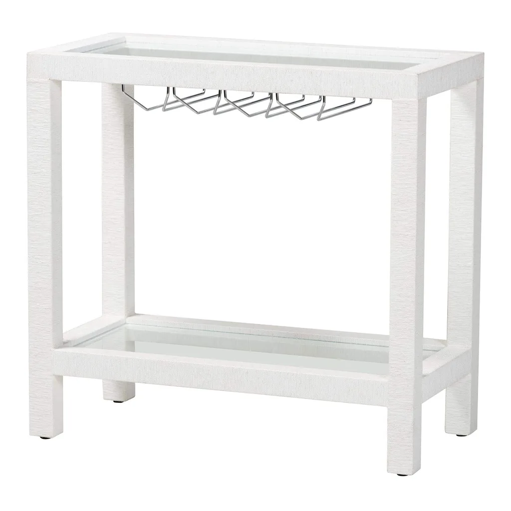 f9c2b40e-96f9-41f6-b6e8-fa08f242f261.jpg bali & pari - Oaklynn Natural Grasscloth Wine Rack - Two-Tier Bar Table with Glass Shelves and Stemware Rack, Modern Coastal Console - White