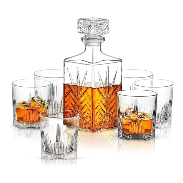 fa1505eb-6078-49d0-b785-485881430146.jpg Bormioli Rocco - Selecta Decanter & Tumblers Set, Etched Starburst 7-Piece with Airtight Diamond Stopper - Clear