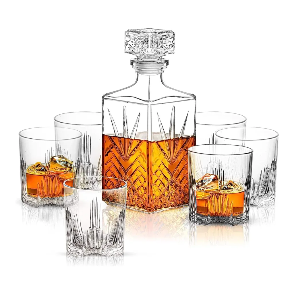 fa1505eb-6078-49d0-b785-485881430146.jpg Bormioli Rocco - Selecta Decanter & Tumblers Set, Etched Starburst 7-Piece with Airtight Diamond Stopper - Clear