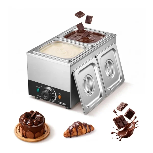 fcc828a8-338b-4cf9-b663-7b27d0afb012.jpg VEVOR - Chocolate Melting Machine, 2 Tanks 9 Lbs Choc Commercial Melter, 800W High Power, Water Bath Heating System - Silver;Black