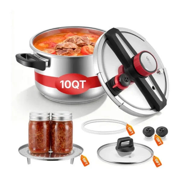 fcf41e27-77ce-4764-bc7a-9e18fcf4ec21.jpg VEVOR 26cm/9L Pressure Cooker, 10Qt Pressure Cooker Stainless Steel, Pressures Canner with Steaming Rack, Tempered Glass Lid – Silver