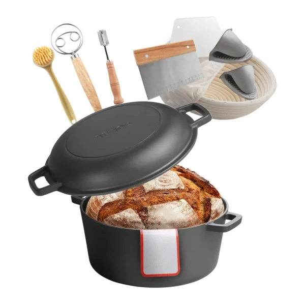 fd3c695b-7615-4279-9ee2-9ba3b0b38144.jpg VEVOR - Cast Iron Dutch Oven, 2-in-1 Pre-Seasoned Pot with Skillet Lid, 5QT Cookware Pan, Bread-Oven Compatible 500℉ - Black
