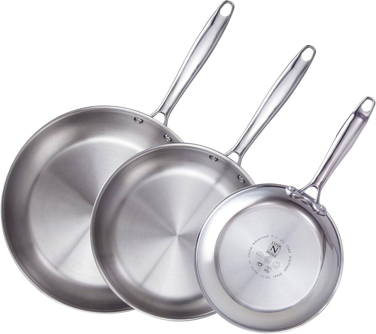 fdf3ad02-aa4d-4ae4-9731-86e5c3b3d92e.jpg Cook N Home - Classic Tri-Ply Clad 8'' / 10'' / 12'' S/S Skillet, Saute Frying Pan, Induction, Dishwasher & Oven Safe - stainless stell