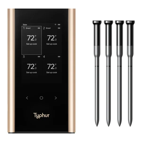 ffbfc9eb-7893-4de4-8523-34d050396eca.png Typhur - Sync Gold Quad Smart Wireless Meat Thermometer, 3000 FT Sub-1G Enhanced Signal, WiFi Unlimited Range, 6 Sensor Probe - Black/Gold