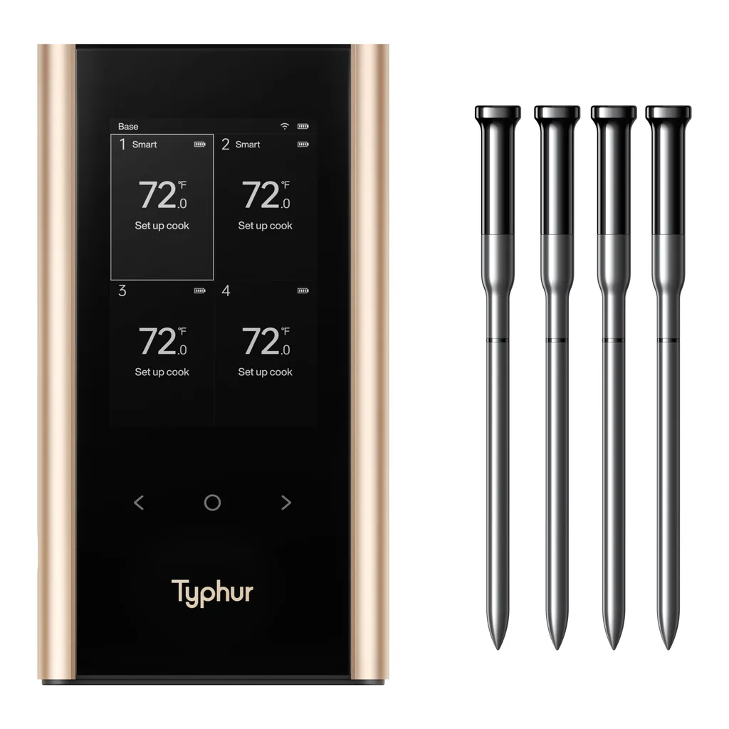 ffbfc9eb-7893-4de4-8523-34d050396eca.png Typhur - Sync Gold Quad Smart Wireless Meat Thermometer, 3000 FT Sub-1G Enhanced Signal, WiFi Unlimited Range, 6 Sensor Probe - Black/Gold